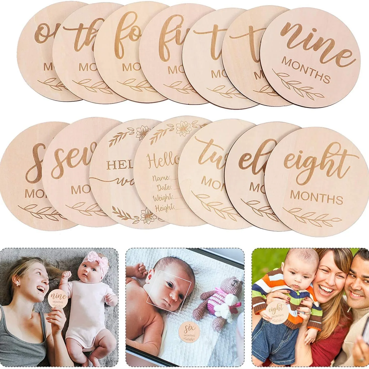 Milestone Card Set - 12pcs/set Wood Chip Month Souvenir Card