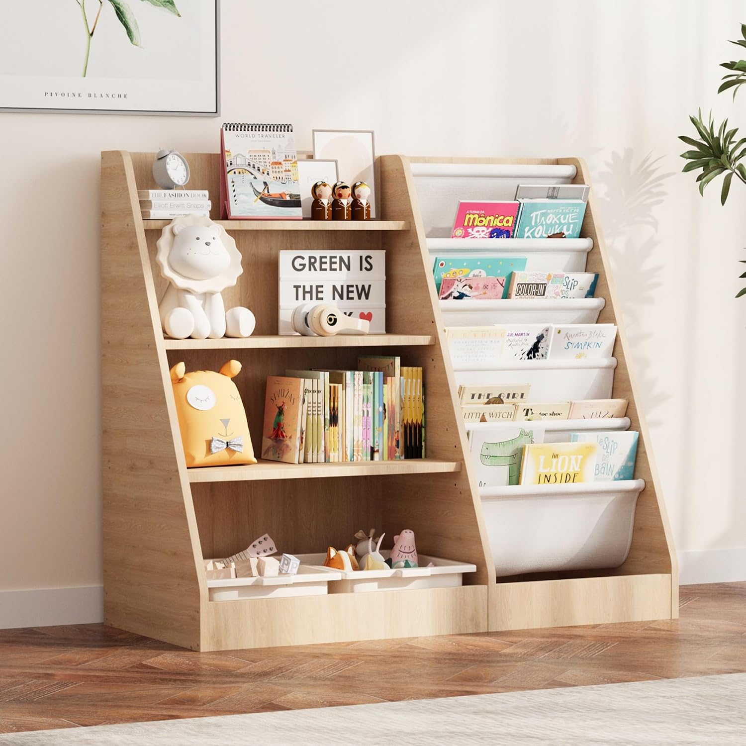 Baby Nursery Bookshelf - 4 Tier Kids Wooden Bookshelf with