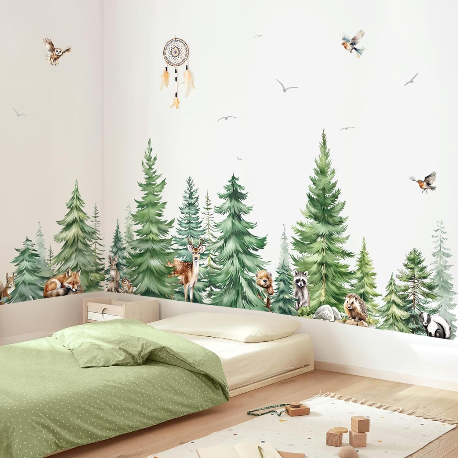 Baby Nursery Wallpaper - Large Watercolor Pine Tree Animals Wall