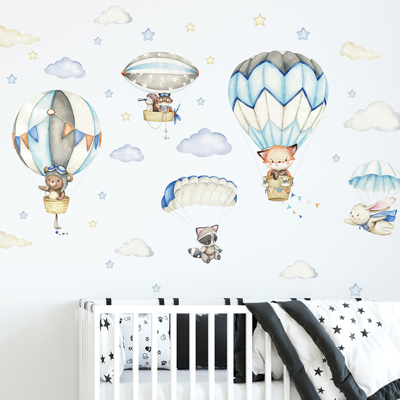 Baby Nursery Wallpaper - Cartoon Cute Animals Hot Air Balloon