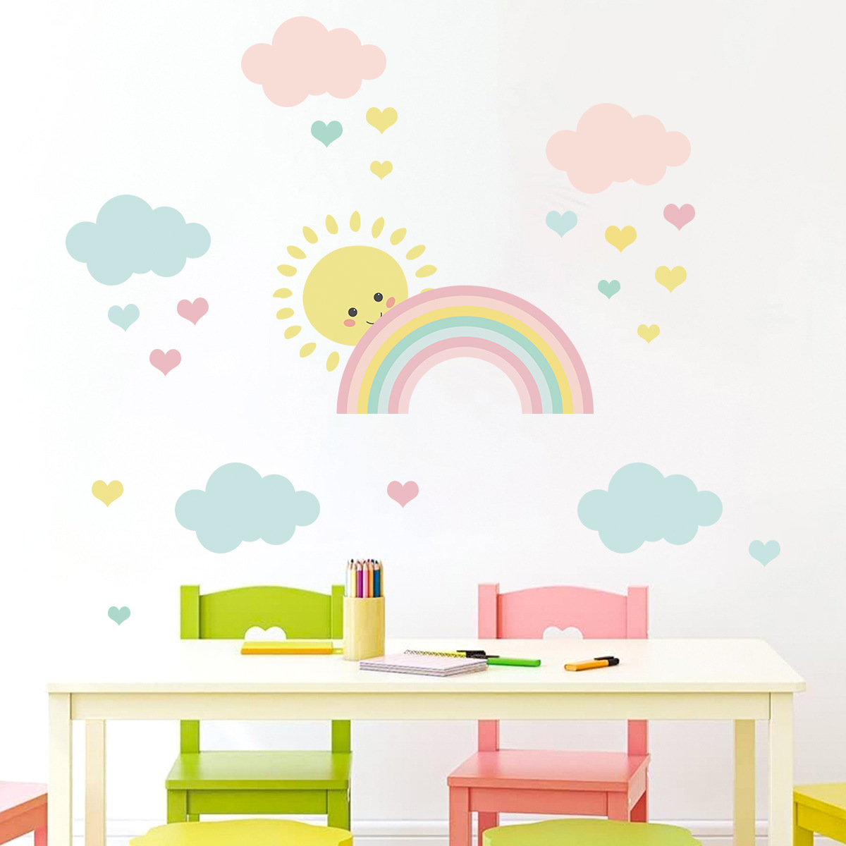 Baby Nursery Murals - Cartoon Sun Rainbow Clouds Wall Decals