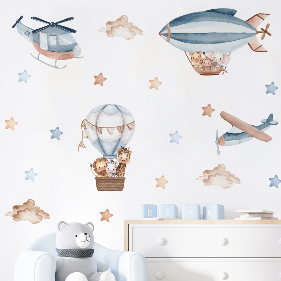 Baby Nursery Wallpaper - Watercolor Animals Hot Air Balloon Clouds
