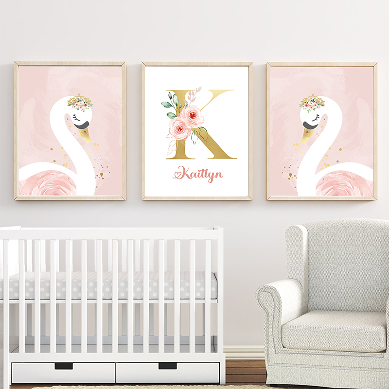 Baby Nursery Name Letters - Pink Crown Swan Golden Customized Baby