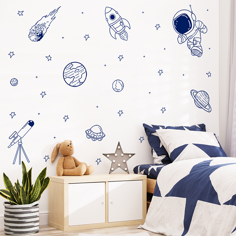 Baby Nursery Wallpaper - Cartoon Universe Astronaut Planet Rocket Wall
