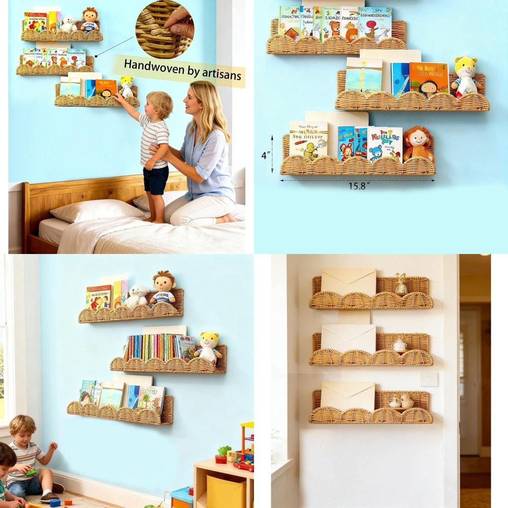 Baby Nursery Bookshelf - 3Set Nursery Book Shelves,l Natural Rattan
