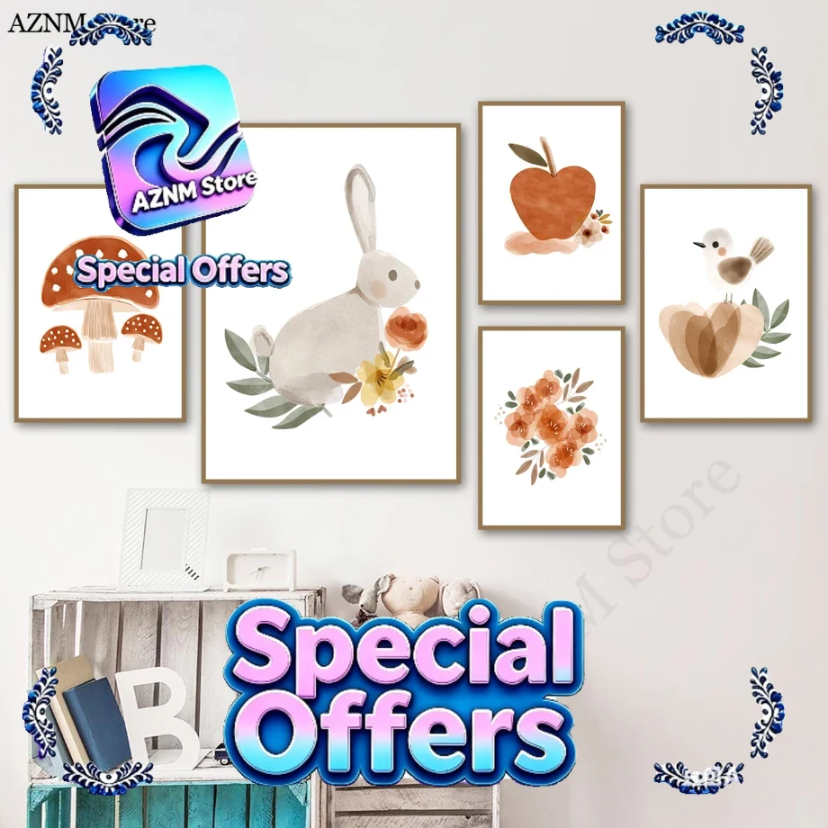 Watercolor Flower Rabbit Bird  - đánh giá và giá Baby Nursery Murals