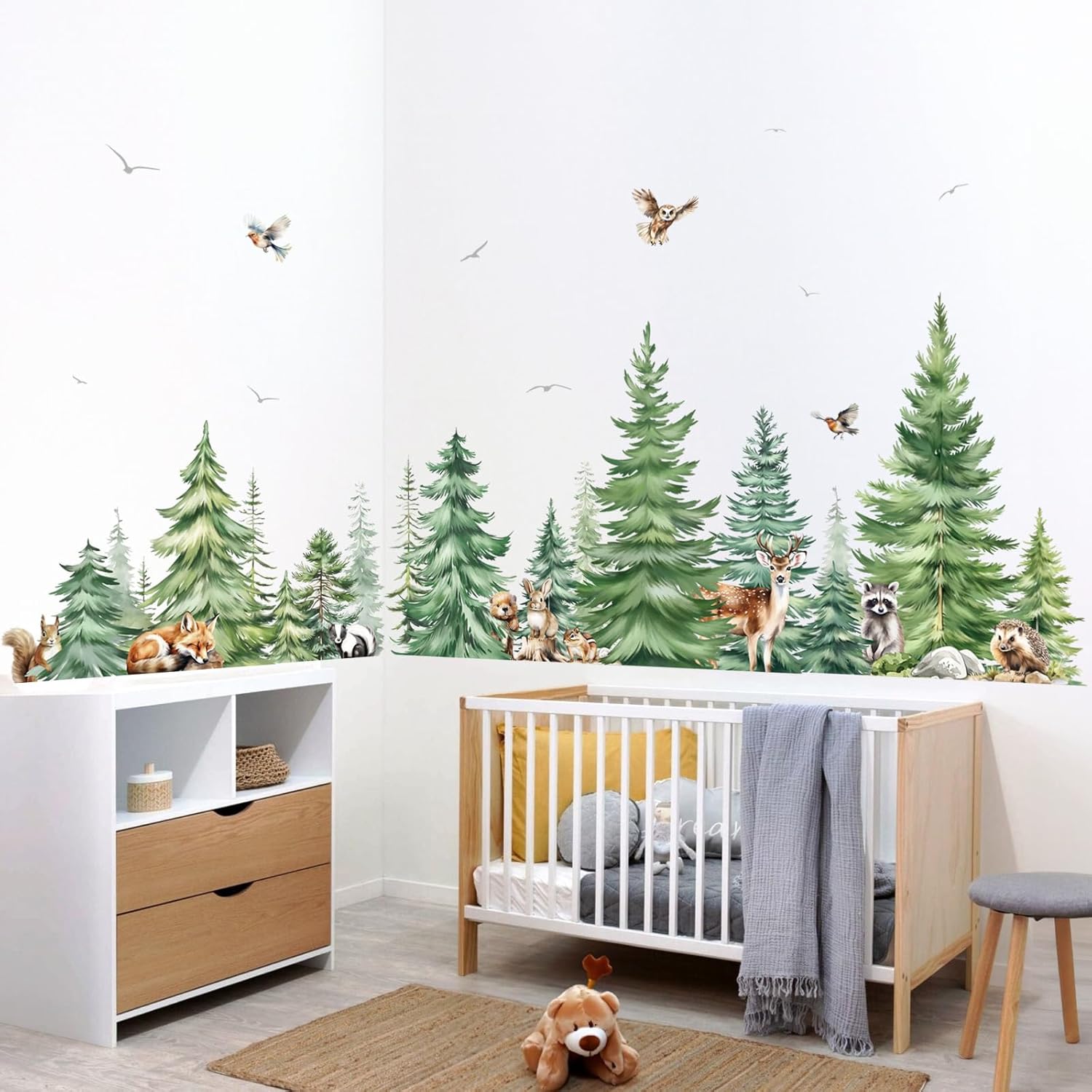 Large Watercolor Pine Tree Ani - đánh giá và giá Baby Nursery Wallpaper