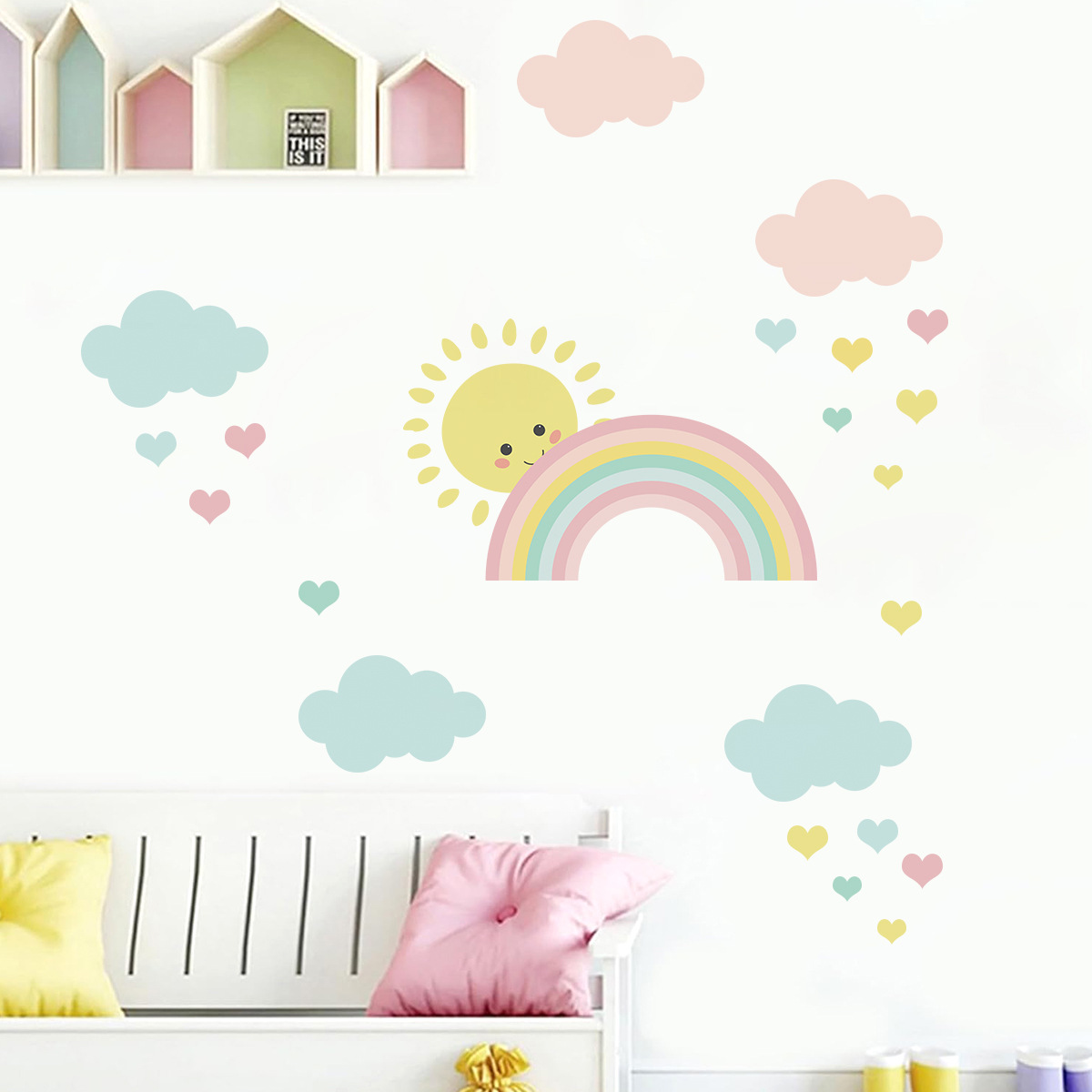 Cartoon Sun Rainbow Clouds Wal - đánh giá và giá Baby Nursery Murals