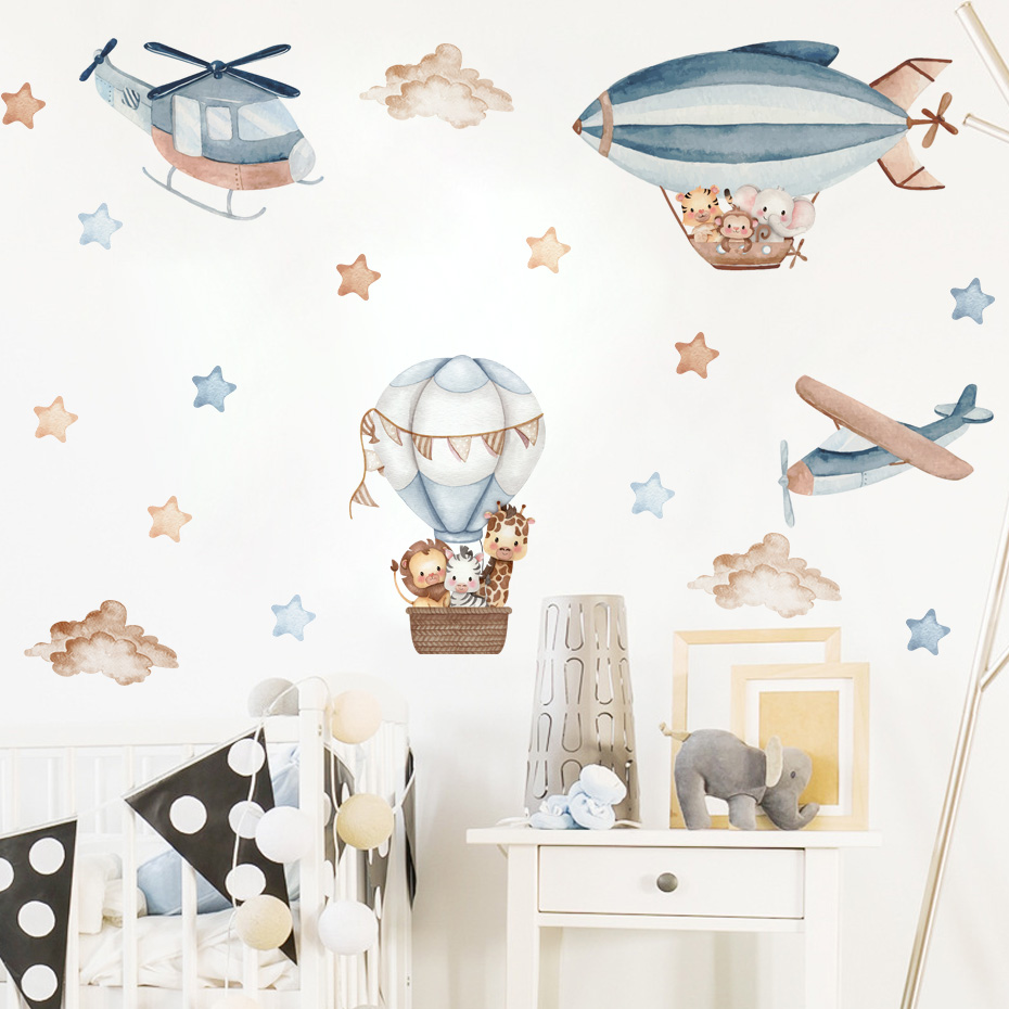 Watercolor Animals Hot Air Bal - đánh giá và giá Baby Nursery Wallpaper